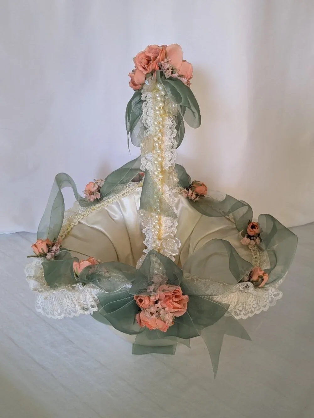 Handmade Lace Pearls Roses & Satin Wedding Baby Cheer Gift Basket